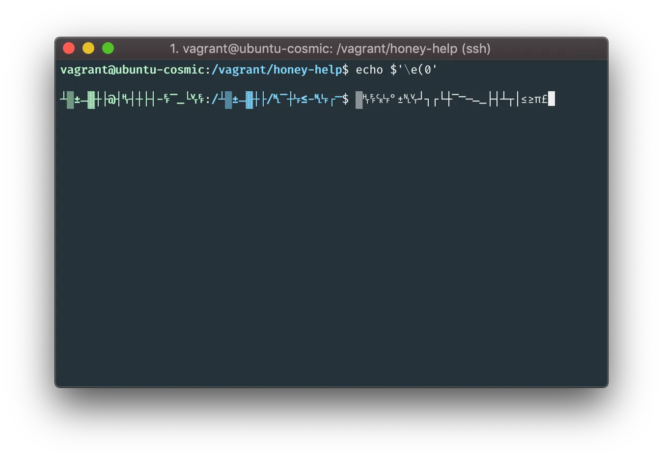 The author's terminal after switching character sets: the prompt is garbled, and typing a to z and braces shows each one's replacement glyph