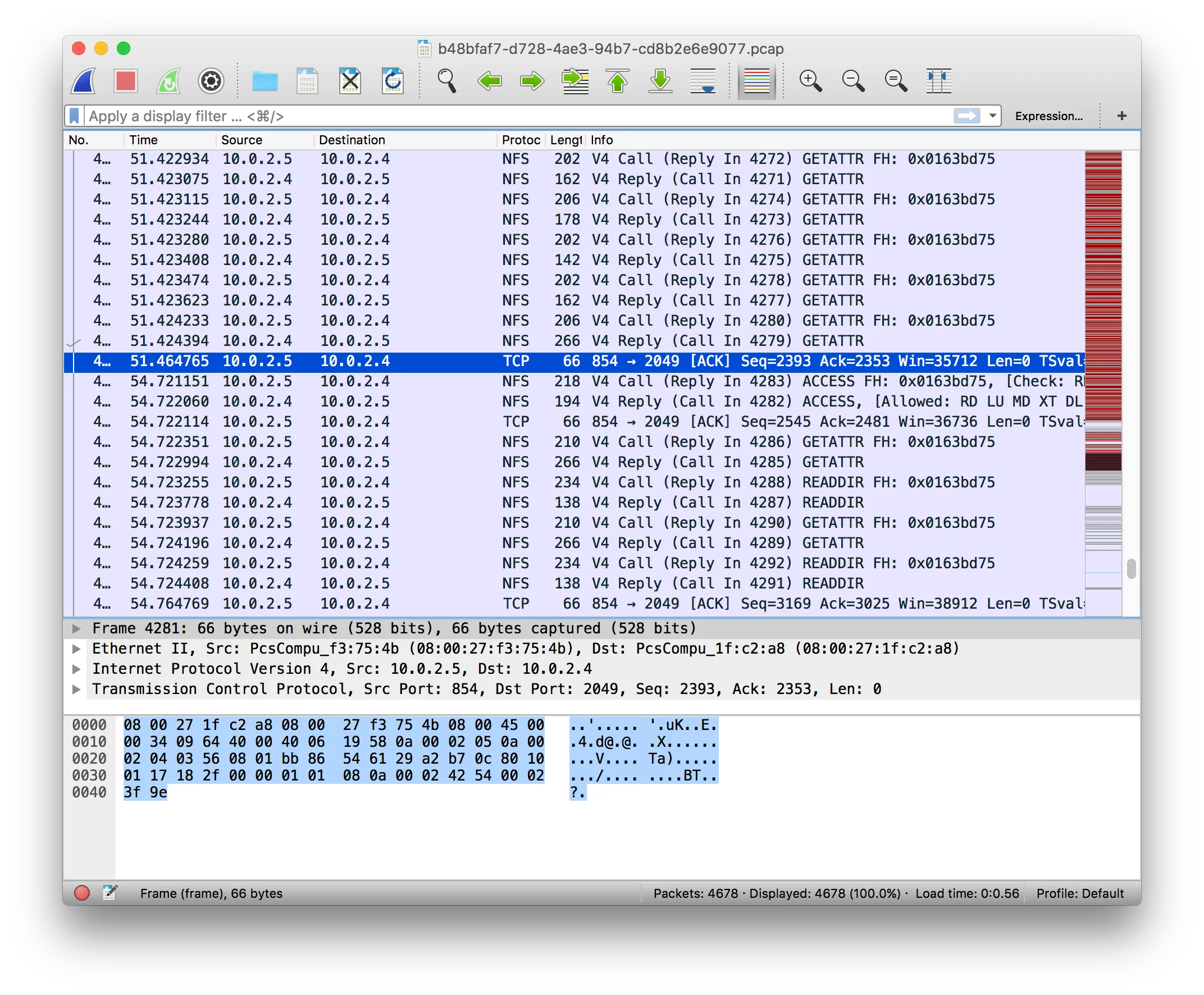 The packet capture in Wireshark, full of Network File System (NFS) packets
