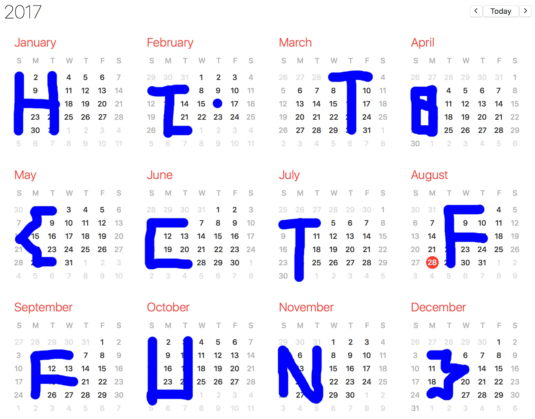 The days in each chunk traced out on the 2017 calendar, spelling the flag