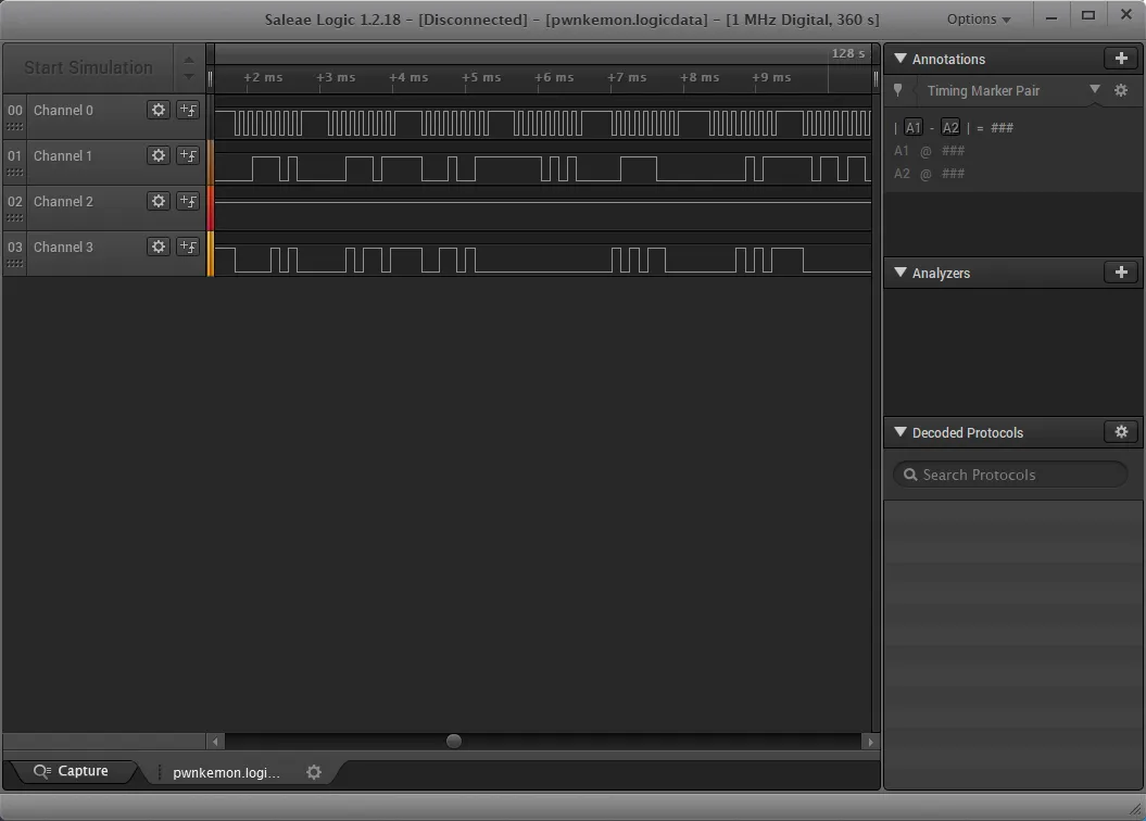 Saleae Logic showing the raw capture: regular bursts on channel 0, irregular pulses on channels 1 and 3, and a flat channel 2