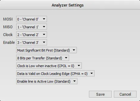 SPI analyzer settings asking which channels are MOSI, MISO, Clock, and Enable