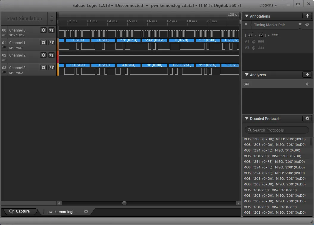 Data decoded from the capture by the SPI analyzer