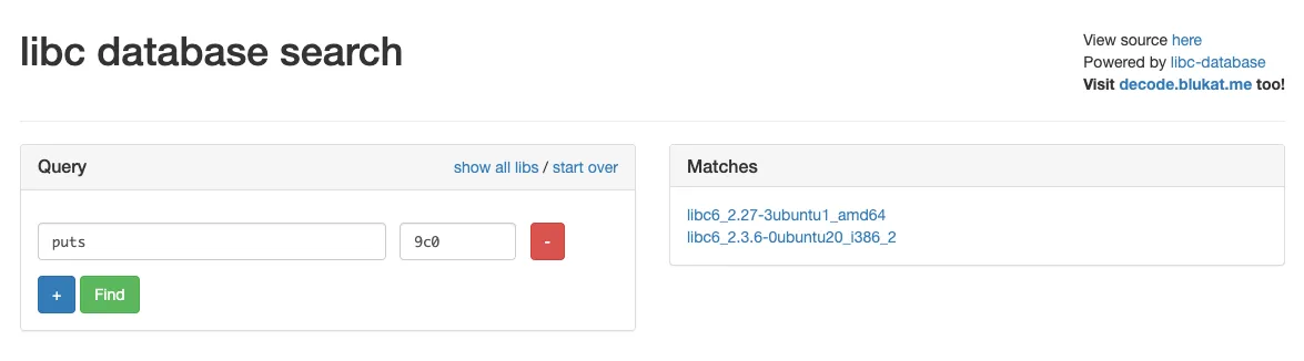 Libc database matches for puts ending in 9c0: one amd64 candidate and one i386 candidate