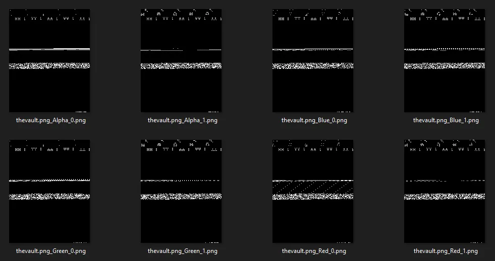 stegoVeritas output: bit planes 0 and 1 of the alpha, red, green and blue channels, all showing the same bands of hidden data